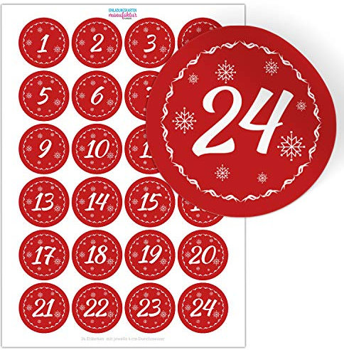 Adventskalender Zahlen Aufkleber, 24 Stück rund 4 cm - klassisch rot - Weihnachtskalender Zahlen Etiketten für Adventskalender Etiketten für Geschenke und Kalender
