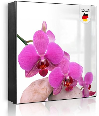banjado Großer Schlüsselkasten Metall - Schlüsselbox 30x30cm beschreibbarer mit 32 Haken - Schlüsselkasten modern für Schlüsselaufbewahrung - Korpus Schwarz Scharnier Rechts - Motiv Orchidee
