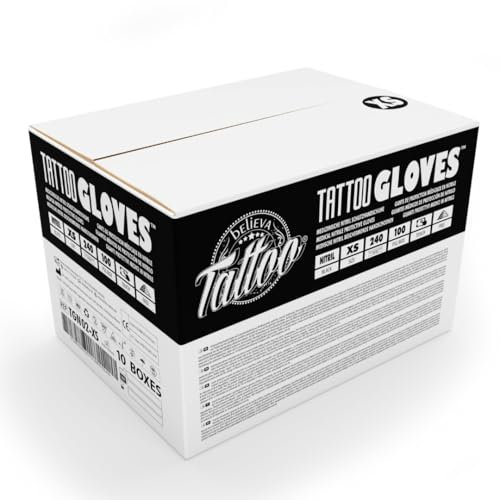 believa Tattoo Guantes desechables de nitrilo, color negro, caja de 1000 unidades (10 x 100 unidades), sin látex ni polvo, talla XS