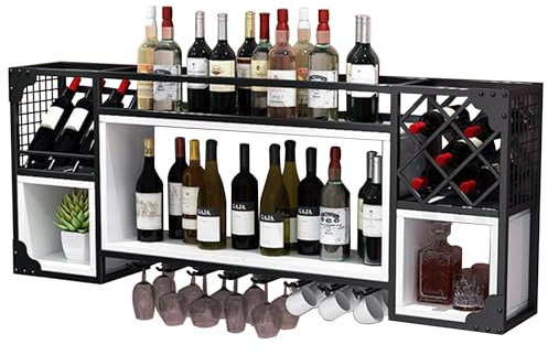 Weinregal Wand Metall Flaschenregal Wine Rack Bar Regal Wand Weinschrank Hausbar Schmal Barschrank mit Weinglashalter Getränke Regal Mini Bar Vitrine Hängend für Bartheke Wohnzimmer Küche(Nero,120*25*