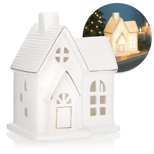 COM-FOUR® Casa LED de Porcelana, casa de luz Que Funciona con Pilas
