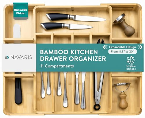 Navaris Besteckkasten Bambus - Flexibles Design mit 5-11 Fächern - Entnehmbarer Teiler -30 x 43cm - Besteckkasten für Schubladen - Küchenschubladen Organizer - Schubladeneinsatz