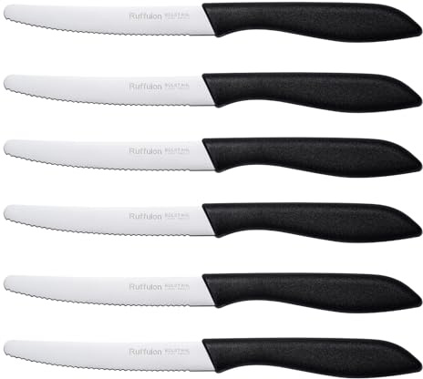 Ruffulon Couteaux de Table,Couteaux à Steak de 6 Pièces,Set Couteaux de Cuisine avec Bord Dentelé,Couteau de Table avec Manche Ergonomique pour Steak, Pain, Légumes (Noir)
