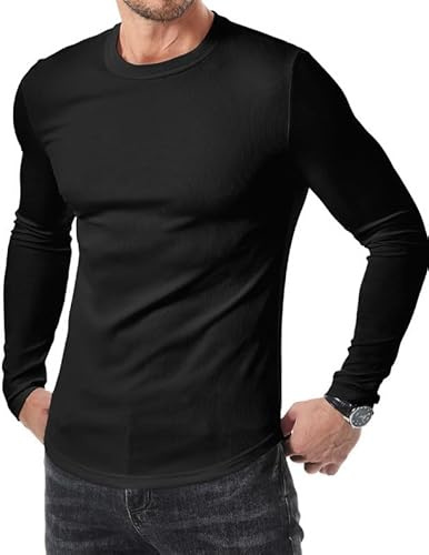 Elegancity Mens Long Sleeve T Shirts Casual Crew Neck Muscle Fit T-Shirt Longline Ribbed Fitness Sport Sweatshirts,Black L