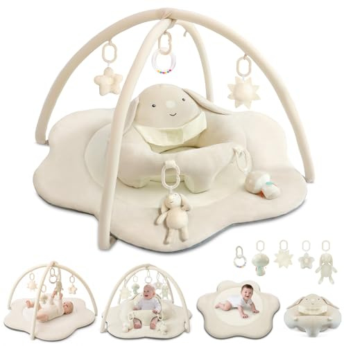 Suihuooo 3-in-1 Baby Play Mat, Baby Seats for Infants to Sitting Up, Mats for Floor Play with 5 Detachable Toys, Baby Gym for Babies 0-6 6-12 Months, Beige
