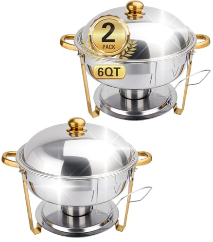 Beviliu 6.8 Litre Chafing Dish Buffet Set, 2 Pack 6QT Round Chafing Dishes & Food Warmers, Gold Chafing Dishe for Buffet, Stainless Steel Chafer for Catering Lid & Lid Holder, Food Warmers for Partie