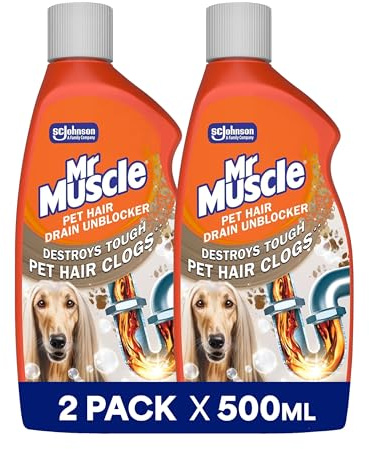 Mr Muscle Pet Hair Drain Unblocker Liquid (2 x 500ml), Sink & Drain Cleaner, Strong & Fast Acting Heavy Duty Formula, Dissolves & Removes Pet Hair, Works 3x Better Than Bleach, Safe for All Pipes