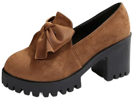 Elegant Women's Costume Traditional Chunky Heel Dancing Bridal Ballerina Shoes with Buckle Closure (Brown, 6.5)
