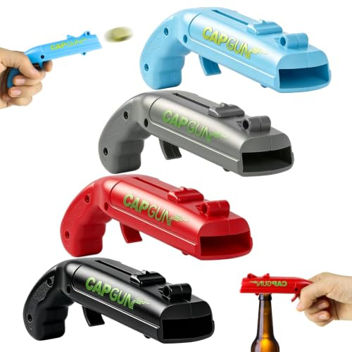 DRADERCH 4 Stück Cap Gun Flaschenöffner Pistole, Lustiger Bieröffner | Kreatives Biergeschenk für Männer, cooles Party Gadget für Trinkspiele. Als Kronkorken Werfer, Bar & Einsatz zu Hause