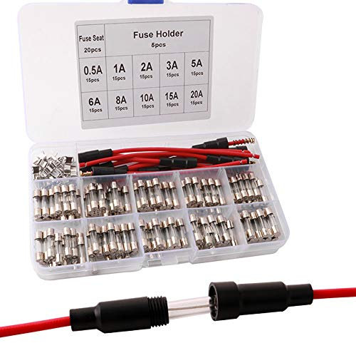 FULARR® 175Pcs 5X20mm Professionnel Voiture Fast-Souffler Verre Tube Fusible Kit: 150Pcs Verre Tube Fusible + 20Pcs Fusible Siège + 5Pcs Vis Type Porte-Fusible, avec Transparent Plastique Boîte