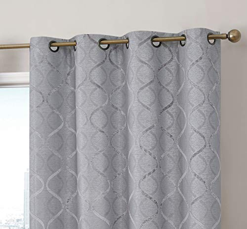 HLC.ME Versailles Lattice Flocked 100% Complete Blackout Thermal Insulated Window Curtain Grommet Panels - Energy Savings & Soundproof, For Living Room & Bedroom, Set of 2 (50 x 96 inches, Light Grey)