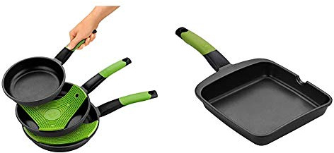 BRA Prior - Set de 3 sartenes, aluminio antiadherente, 18, 22 y 26 cm, incluye dos salvamanteles Safe verdes + PRIOR - Grill asador liso, aluminio fundido con antiadherente Teflon Classic, 28 cm