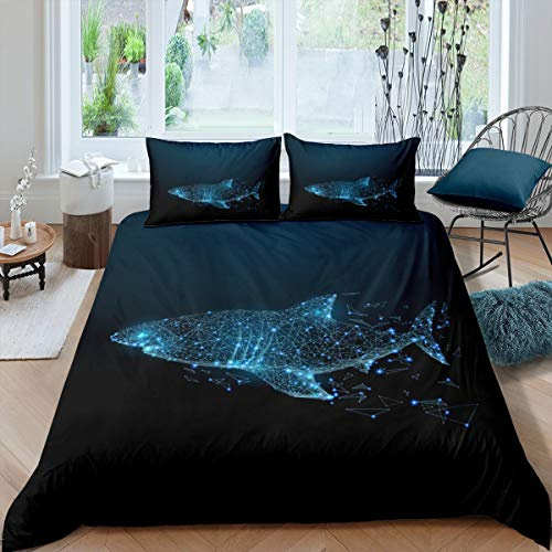 Homewish Hai Tröster Bezug Set, Unterwasser Word Bettbezug Ocean Life Bettbezug Für Kinder Jungen Mädchen Schlafzimmer, Dekorative 2 Stück Bettwäsche Set Mit 1 Kissenbezug, 135x200, Schwarz Blau