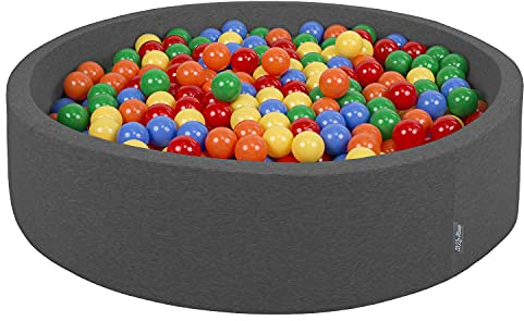 KiddyMoon Bällebad 120X30cm/200 Bälle Rund Groß Bällepool Mit Bunten Bällen Für Babys Kinder, Dunkelgrau:Gelb-Grün-Blau-Rot-Orange