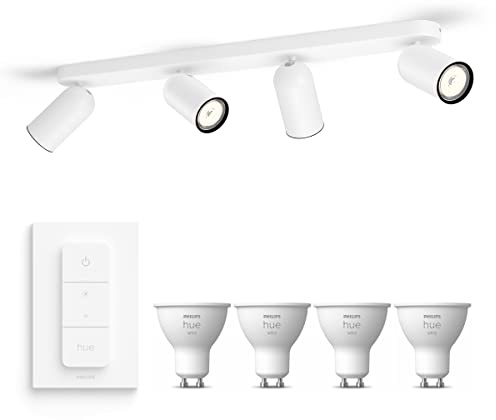 Philips Hue Pongee Aufbaustrahler (Weiß) - Warmweißes Licht - inkl. Hue Dimmschalter - Deckenstrahler 4 Flammig - GU10 - Hue White