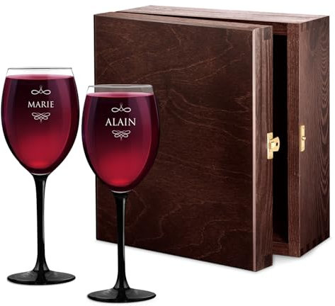 Maverton Ensemble de 2 Verres à vin Personnalisés - 330ml Verre a vin rouge et blanc - Cadeau Personnalisé pour Parents - Cadeau Couple - Classic Verre à pied noir - Prénoms
