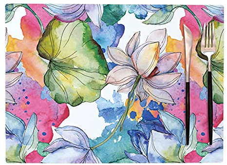 Tovagliette Americana Plastica Lavabili Loto Rosa Verde Tovagliette Colazione PVC Sottopiatti Antiscivolo Tovagliette Americane Antiscivolo Tovaglietta Resistente Al Calore 30x45cm 8 Pcs