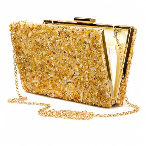 la monsita Clutch de fiesta mujer con pedrería, bolso de mano/cartera de mano para bodas y eventos con cadena dorada
