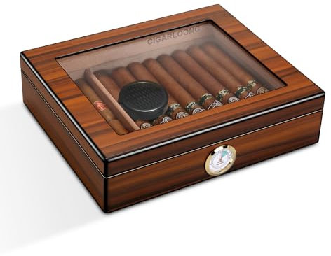 CIGARLOONG Cigar Humidor Brown 20-25 Desktop Cedar Wood Lined Cigar Storage Box with Hygrometer and Humidifier (Small)
