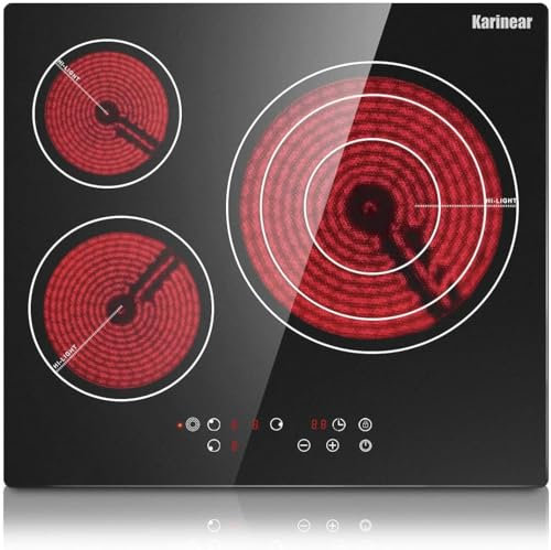Karinear Piano Cottura in Ceramica da Incasso a 3 Zone, Piano Cottura Elettrico in Cristallo Nero, con Controllo Touch, Timer, Lucchetto Bambino, 5700W, Senza Spina