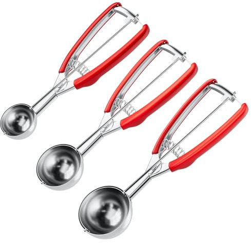 Eisportionierer Set 3er - 1,5 EL (23ml), 2,8 EL (42ml) & 4 EL (60ml) - 304 Edelstahl Keksportionierer mit Auslöser - Eislöffel für große Kekse, Eiscreme, Muffins, Fleischbällchen - Spülmaschinenfest