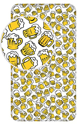 Spannbettlaken Spannbetttuch Bettlaken Bier lustig Bierkrug Bierglas weiß, Comic, 90 x 200 cm + 25 cm, 100% Baumwolle