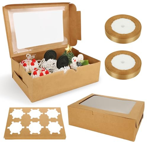 ZOFUN Lot de 50 boîtes à cupcakes à 6 trous, 24 x 16 x 7,5 cm, avec 2 rouleaux de ruban doré champagne de 22 m, boîtes de boulangerie avec fenêtre et insert en panneaux durs, récipient à cupcakes pour