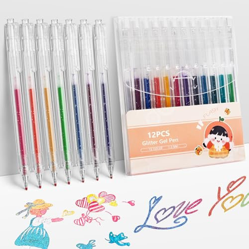 EooUooIP Glitzerstifte Gel,12 Stück Glitzer Gelschreiber Set,Glitzer-Gelstift,Druckkugelschreiber Mehrfarbig 1.0 MM Gelschreiber,Inklusive Glitter für Tagebuch, Malen, Kritzeln, Büro
