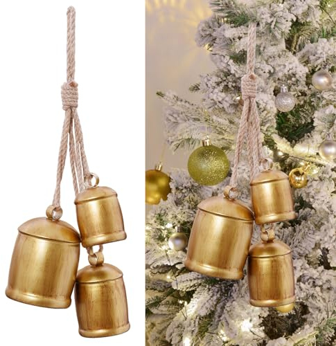 Vuskly Gold Metal Vintage Bells with Jute Hanging Rope, Christmas Bells for Decoration,Perfect for Doors, Windows, Living Rooms, Christmas Trees, Wreaths, Gardens, etc-3 PCS