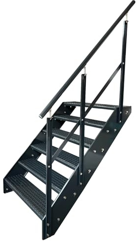 Kaminbau Mierzwa Premium Stahl Treppe mit Geländer Rechts in komplett Anthrazit RAL 7016/6 Stufen (Breite 600 mm) (Höhe 114 cm) Wetterfest Gitterroststufe Gartentreppe