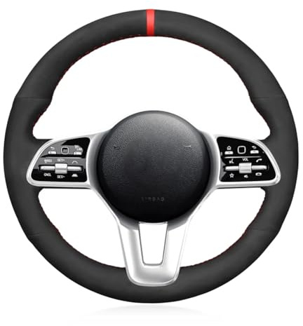 Passend für Mercedes-Benz B-Klasse (W247) 2019–2023, handgenähte Lenkradhülle, schwarzes Wildleder, Anti-Rutsch-Lenkradbezug