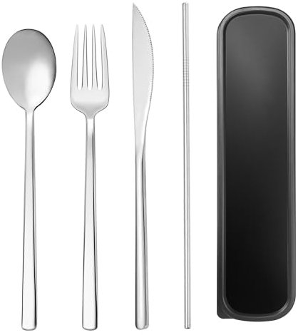 SUOXU Cutlery Set with Case,Stainless Steel Flatware Set 4-Piece Set:Knife Fork Spoon Straw,Dishwasher Safe,Long Handle Suitable for Outdoor Picnic Camping Travel Office School Lunch Box Cutlery