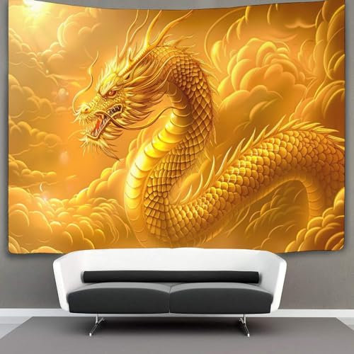 CTAMM Golden Drache Tapisserie-Wandbehang, Chinese Drache Wandteppich Für Schlafzimmerdekoration,Geburtstagsfeier Oder GKunstenkulisse 130cmx150cm