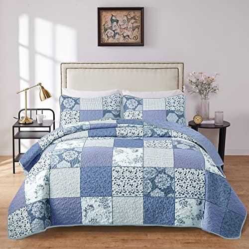 Bohemian Floral Patchwork Quilt Set Leichte King Size Tagesdecke mit 2 Kissenbezügen Elegantes Grau und Blau Design für alle Jahreszeiten