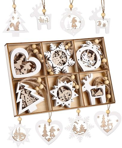 24 Stück Weihnachtsbaumschmuck, Anhänger Weihnachtsbaum, Schneeflocken aus Holz, Christbaumschmuck, Anhänger Hängeornamente mit Juteseil für Christbaumanhänger