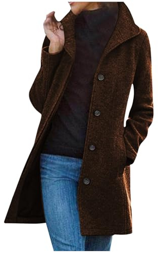 OVARA Cappotti in lana lunga da donna Elegante monopetto Trench Plus Size Risvolto Tinta unita Giacca invernale lunga Peacoat Cappotto termico all'aperto con tasca, 00-Marrone, M