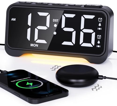 ROCAM Alarm Clock for Heavy Sleepers with Powerful Bed Shaker, Loud Alarm Clock for Deaf People, Dual Alarm, 5 Dimmer, 5 Volumes, Snooze, Power-Off Memory, 12/24H, Week Display, Night Light