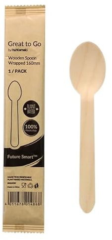 Monouso | 25 Cucharas de Madera Enfundadas Individualmente, 16cm, Color Natural, Envasadas, Cucharas para Aperitivos, Entrantes, Eventos, Catering, Apto para Congelador