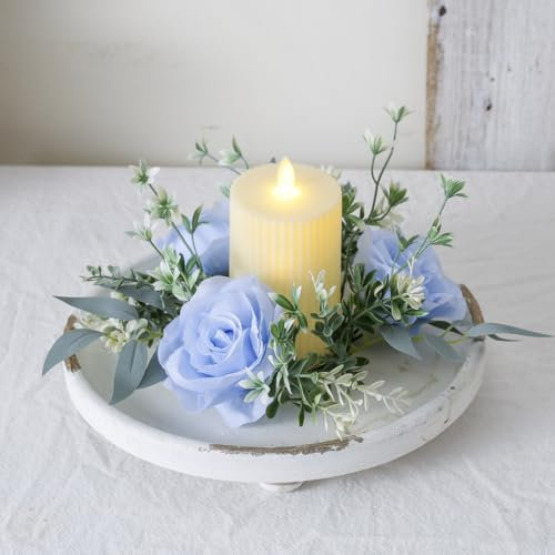 2 Pcs Artificial Flowers Candle Rings Fake Roses Floral Wreaths Wedding Centerpieces for Tables Spring Summer Farmhouse Weddings Party Ceremony Decor (Blue)