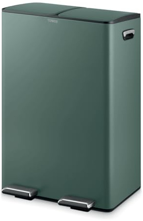 Tower Poubelle de recyclage à pédale T838023FOR - Deux compartiments de 30 l avec seaux intérieurs amovibles - Corps en acier au carbone - 60 l - Vert forêt