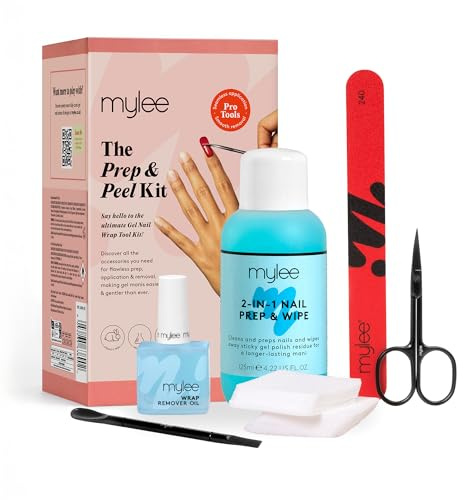 Mylee Prep & Peel Gel Nail Wraps Kit - Pro Tools für nahtloses Auftragen & Entfernen - Inklusive Entferner Öl, Schere, Nagelfeile, Nagelhautschieber, Prep & Wipe & Fusselfreie Tücher - Vegan & Cruelty