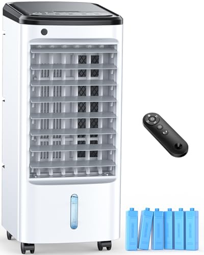 FANCOLE Portable Air Conditioners without Window with 6 Ice Packs, 12H Smart Timer for Auto-Off, 7.8 m Remote Control, Top Fill Dual Tank, 3 Speeds Evaporative Air Cooler, 70° Auto Swing Swamp