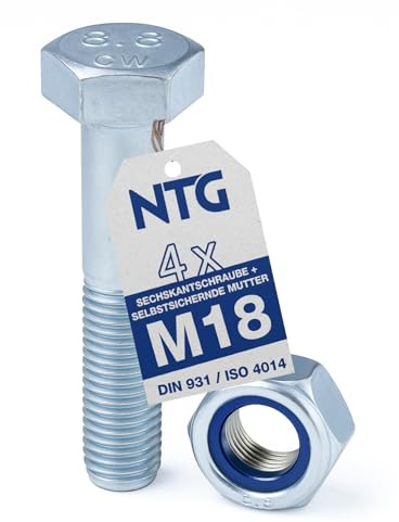 Befestigungssatz Sechskantschraube M18 x 100 mm mit selbstsichernder Mutter – Stahl verzinkt | Festigkeitsklasse 8.8 | Teilgewinde nach DIN 931 & ISO 4014 (4 Stück)