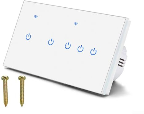 ZAMETTER WiFi Smart Tfouch Wall Switch 2 Way Smart Touch Light Switches Multi Control WiFi Touch Wall Switch with Glass Panel Home Lighting Systems White 220V(5 Gang 2Way)