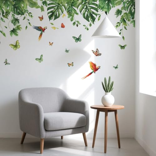 Wandtattoo Tropische Blätter Pflanzen, Wandaufkleber mit Vögeln, Schmetterlingenm, Grünen Blättern & Hängende Rebe, Wandsticker Wanddeko für Kinderzimmer, Wohnzimmer, Schlafzimmer, Flur, Büros