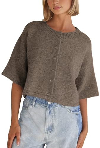 Springrain Cardigan Sweaters for Women Lightweight Knit Cropped Cardigan Button Up Solid Knitwear(Coffee-M)