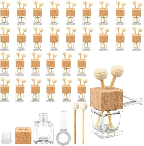 30 Stück Auto Duft Lufterfrischer, 8 ml Leere Glas Parfüm Diffusoren mit Clip und Holzdeckel, Nachfüllbare Auto Duft Diffusor Flaschen Fläschchen mit Duftstäbchen
