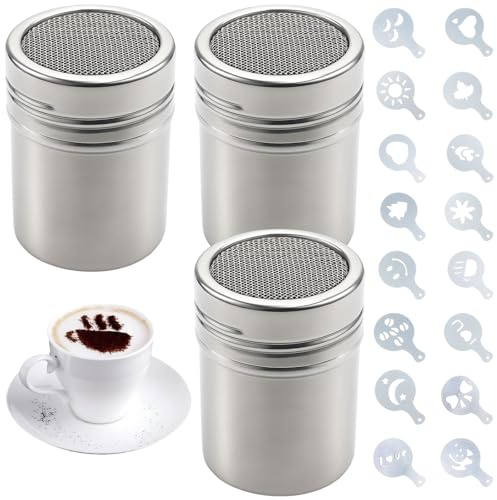 3Pcs Chocolate Shaker Dusters Mesh Powder Shaker, Icing Sugar Shaker Duster with 16 Coffee Stencils, Powder Shaker Set for Cake Decorating, Baking, and Coffee Art, Small Size 5 * 7.5cm