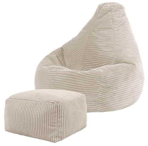 Icon Dalton Cord Sitzsack Kinder und Hocker mit Füllung, Beige | In Deutschland Hergestellt, Sitzsack Sessel, Weicher Cordstoff, Kinder Sessel für Kinderzimmer und Schlafzimmer