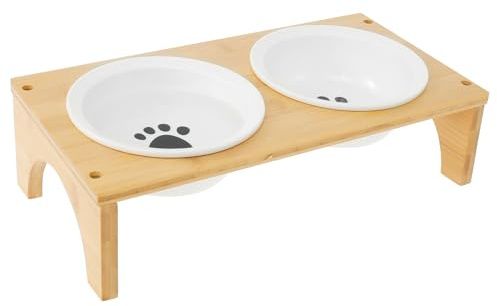 Erhöhte Hundenäpfe,Erhöhter Hundenapfständer aus Bambus mit 2 Dicken 350ml Keramiknäpfen,32×16×9 cm,rutschfest,Große Erhöhte Fütterungsstation für Kleine,mittelgroße Rassen,Welpenhunde (Hundepfoten)